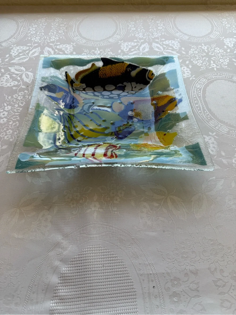 Peggy Karr Fused 12” Glass Multicolor Tropical Fish Decorative Art Plaque Bowl